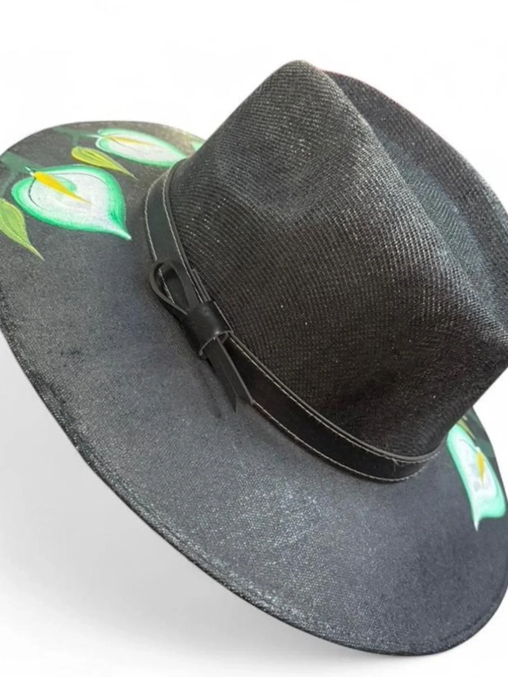 Hand-Painted Oaxaca Black Fedora with White & Green Lily of the valley motifs